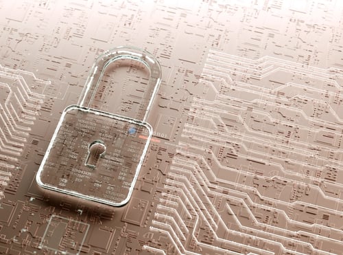 Photo of a padlock against a digital chip.