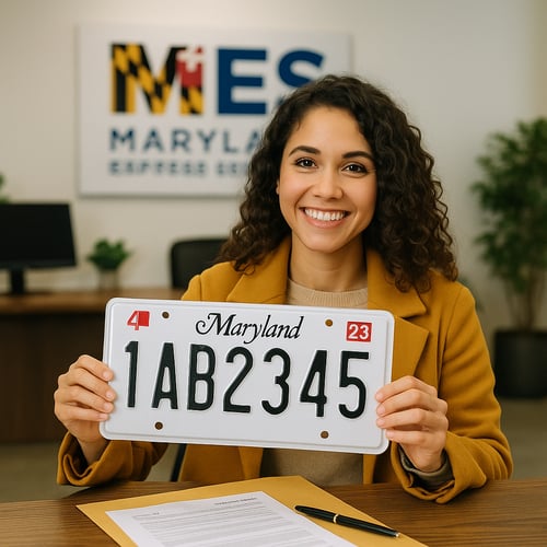 Customer receiving assistance with tag and title paperwork at our Ellicott City office