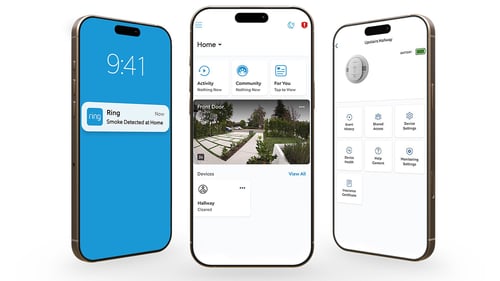 3 smart phones shown at different angles: the first one facing right shows a notification from the Ring App; the second one in the middle facing forward shows the home screen from the Ring app; the third one facing left shows devices listed within someone's Ring app.