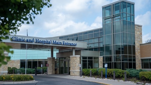 exterior photo of main entrance to Aspirus Langlade Hospital and Aspirus Antigo Clinic in Antigo, WI