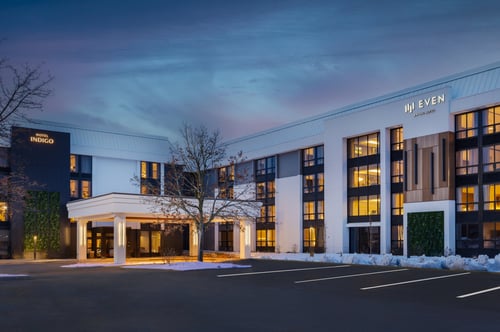 Exterior view of hotel at dusk
