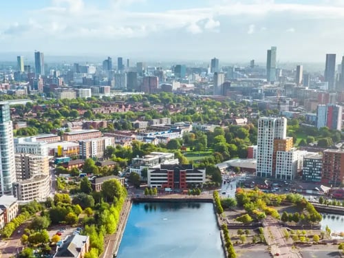 Knight Frank Manchester Commercial Agents: Drone view of Media city Salford quays, Manchester
