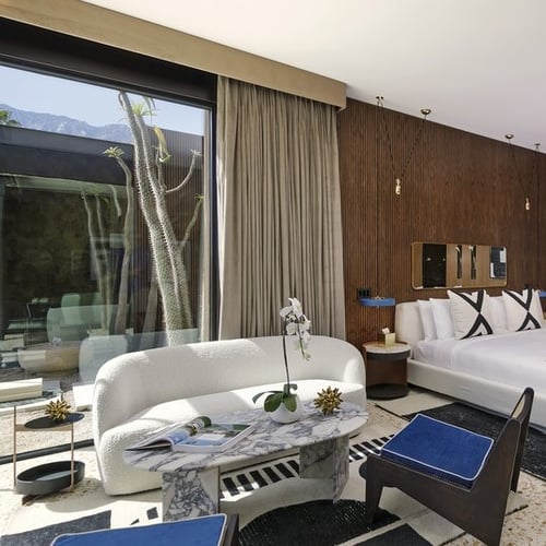 Ultra-luxury Palm Spring bungalow suites with modern architecture & contemporary design, Venetian terrazzo floors & walnut walls