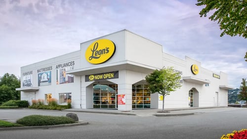 Leon's Coquitlam Store on a cloudy day.