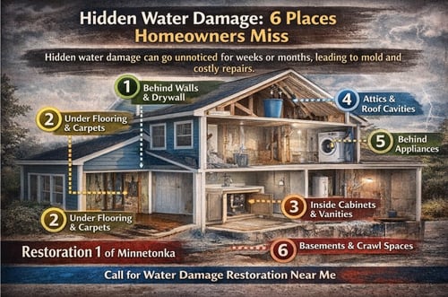 a graphic depiction displaying the 6 places most homeowners miss when checking for water damage