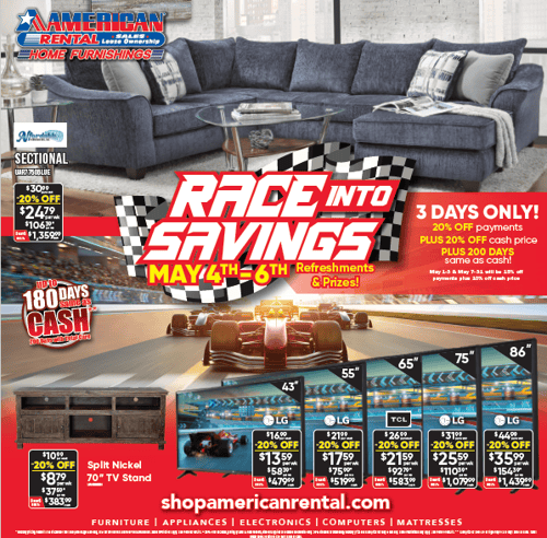 Race into savings! We are offering 20% off payments, 20% off the cash price, and up to 200 days same as cash.