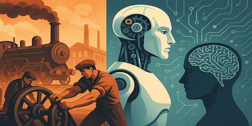 Illustration depicting the evolution from industrial manufacturing to artificial intelligence: on the left, workers operate machinery with factory smokestacks in the background; on the right, a profile of a robot head with visible gears and circuitry connects to a silhouette of a human head with a glowing brain, symbolizing the transition from industrial labor to AI and machine learning technology