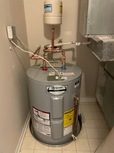 Picture of low boy water heater with safety expansion tank