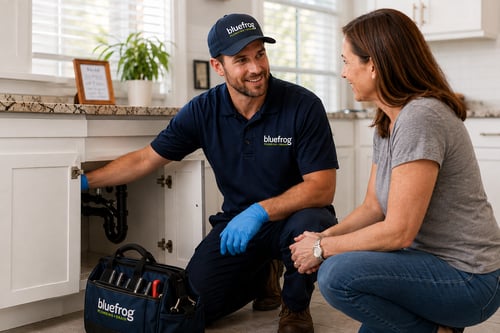 bluefrog plumber performing a preventative plumbing inspection in a home