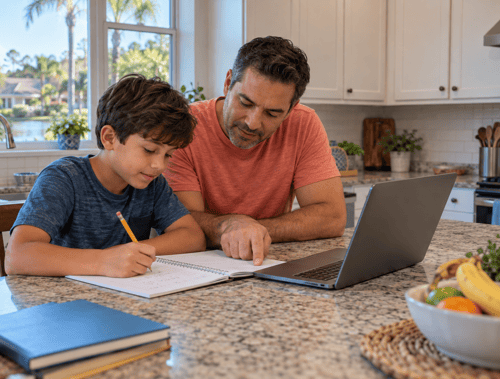 Dad helping his son with homework beside an open laptop at a kitchen island, with palm trees visible through the window of their Orlando home.