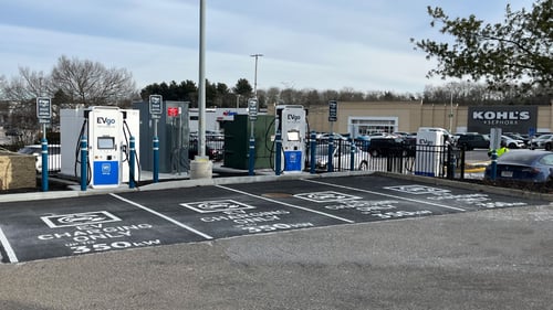 Several EVgo fast-charging units installed in marked parking spaces at a public charging station, with EVgo logos on the chargers, protective bollards around each unit