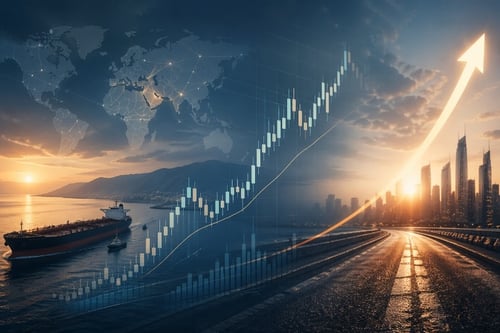 Collage of images including a city skyline, ship near a shoreline, world map, and uptrend graph.