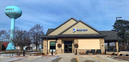 An outside view of the Bank of Pontiac branch in Dwight.