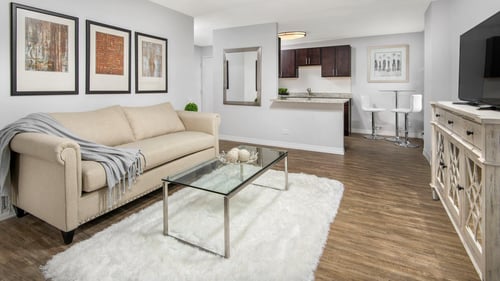 Living area with couch, coffee table, and TV