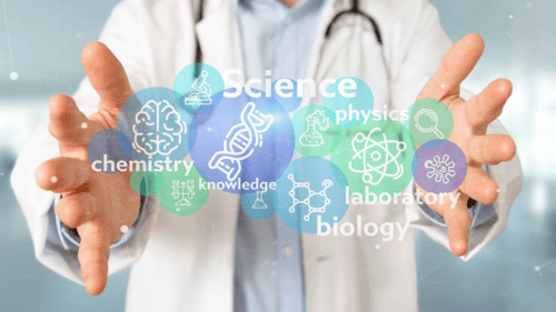 person holding open hands with various medical and laboratory words between them