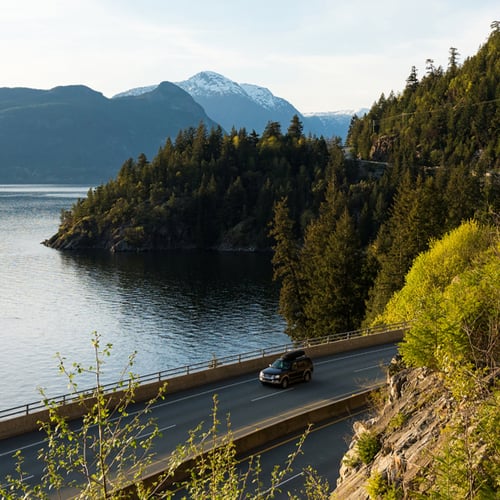A car drives along a coastal road flanked by lush green trees with a scenic view of a calm lake and snow-capped mountains under a soft blue sky.