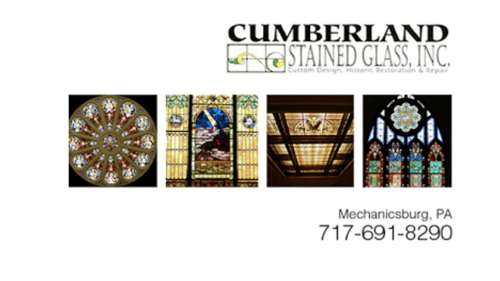 collage of images of stained glass with company logo