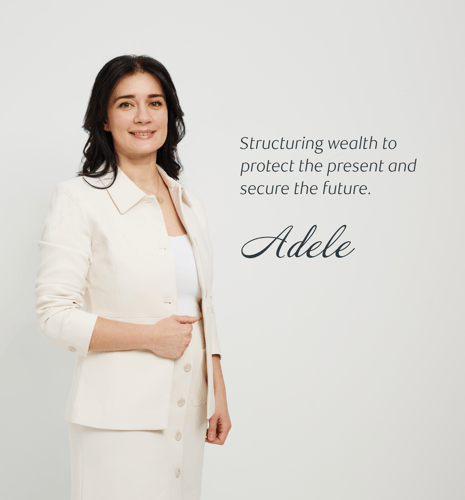 Photo of Adele Gjoka with the text "Structuring wealth to protect the present and secure the future."