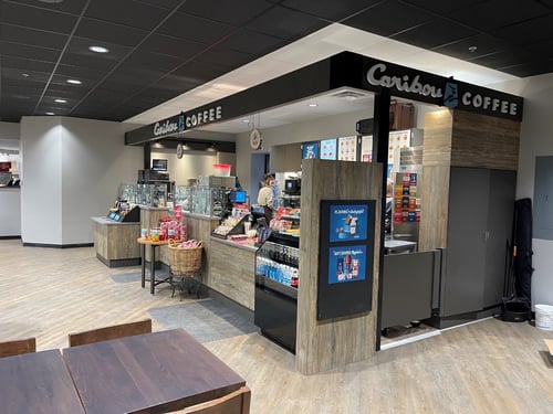 Storefront of the Caribou Coffee at 710 Frankie Lane in Mora