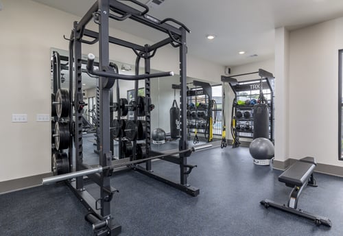 A gym with a variety of equipment including a squat rack, bench, and weights at The Collective Upper Westside Apartments, Atlanta, 30318