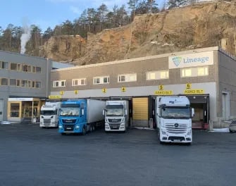 Warehouse dock with trucks loading and unloading at our Moss Lineage facility