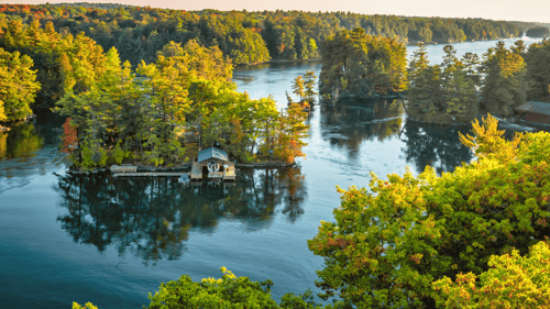 A serene island surrounded by calm river waters features lush green trees and a small houseboat. The scene is tranquil and bathed in warm sunlight.