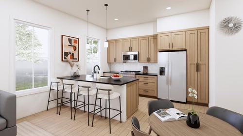 a rendering of a kitchen and dining room with a table and chairs