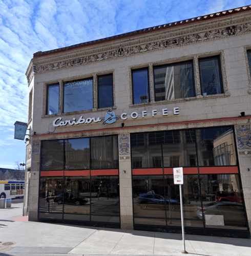 Storefront of the Caribou Coffee at 1100 Nicollet Avenue in Minneapolis