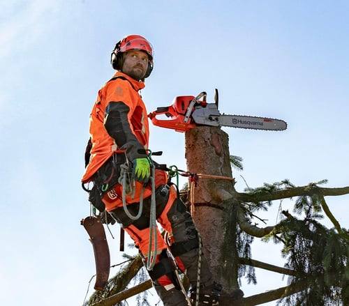 Mann in Baumkronen mit Husqvarna Motorsäge und Husqvarna Bekleidung