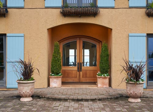 Wooden double doors with a tall, thin potted bush on either side, slightly recessed into an exterior yellow wall.