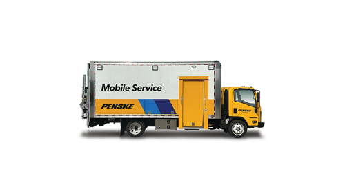 A Penske Mobile Service truck shown in a clean side-profile view against a white background. The yellow cab-over medium-duty truck features a white and yellow service body with "Mobile Service" printed in bold black text and the "Penske" logo with blue chevron graphics. A yellow roll-up service door is centered on the body, and a lift gate is visible on the rear right side.