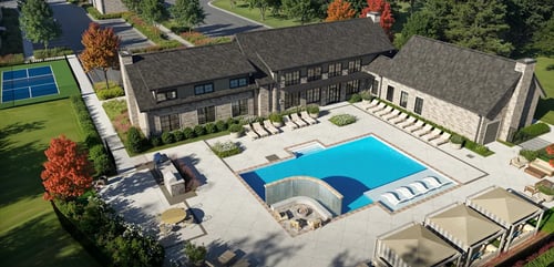 Rendering of the apartment complex with resort-style swimming pool at Wrenley Luxury Apartment Homes in Newnan, GA