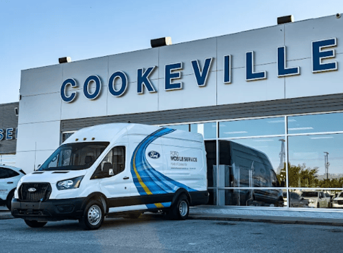 Ford of Cookeville storefront with Mobile Service Van parked in front.