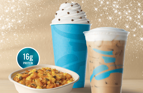 Two coffee drinks and a breakfast bowl with eggs and veggies, shown with a “16g protein” label.