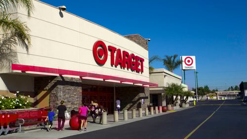 People walking towards  entrance of Target at Pacoima Shopping Center