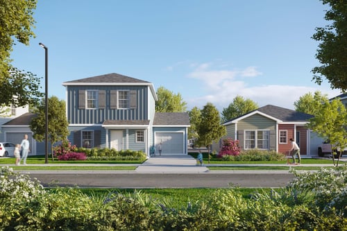 Rendering of two-story home at Outpost Orchard in Foley, AL with garage and modern street-facing exterior.