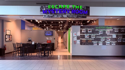 Escape The Mystery Room Storefront located at Emerald Square Mall in North Attleborough, MA with multiple escape room themes that are perfect for all ages.