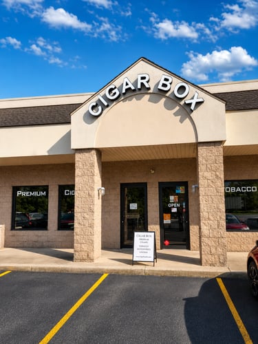 Clean and inviting storefront of a premium cigar shop featuring prominent exterior signage, convenient customer parking, and a welcoming entrance. The well-maintained exterior reflects a destination for handcrafted cigars, premium tobacco products, humidors, and cigar accessories.