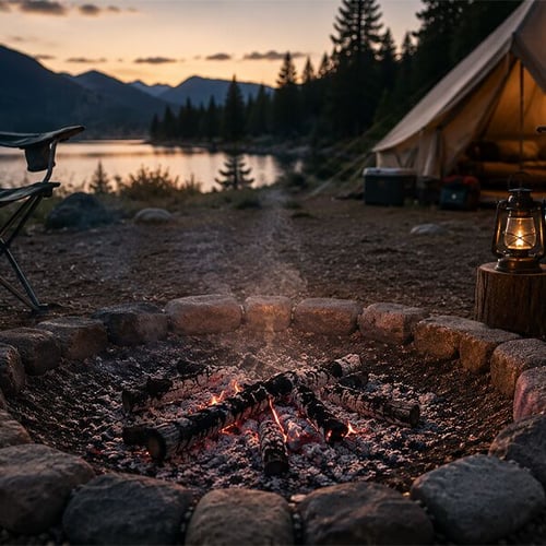 An ai generated image of a fire pit that has reduced to embers.