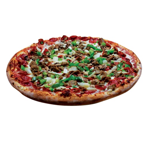 deluxe combo specialty pizza - Pepperoni, Italian Sausage, Green Peppers, Onions, and Mushrooms.