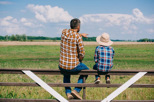 A father and son sitting on a fence pointing out their farm land.