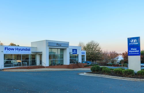 Outside of car dealership, Flow Hyundai of Charlottesville, located in Pantops Virginia