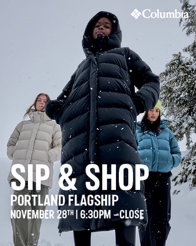 People in puffer jackets in the snow.