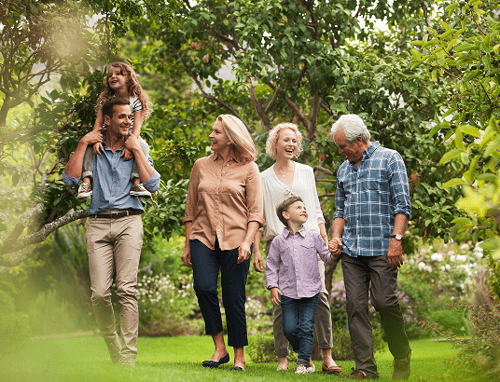 A multigenerational family walking through nature.
