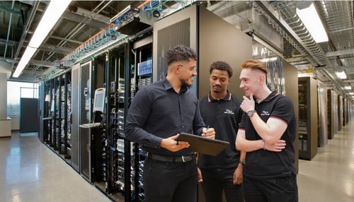 IT-Support Team von TRIA Solutions im Serverraum in Solothurn, Betreuung von IT-Infrastruktur, Netzwerk und Servermanagement für KMU mit Fokus auf Sicherheit, Stabilität und effizienten IT-Betrieb.