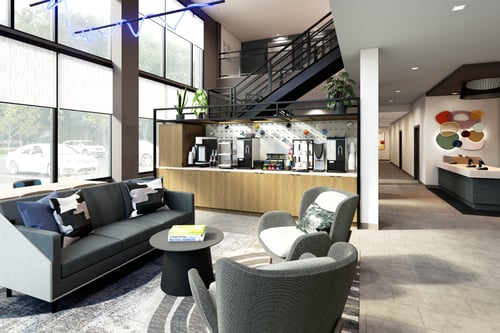 Complimentary beverage station with coffee, teas and water