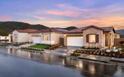 Street view of model homes in Cedarwood at Terramor by Del Webb in Temescal Valley, CA.