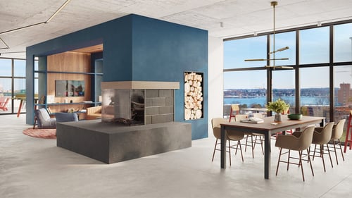 Rooftop lounge with fireside seating and large viewing windows