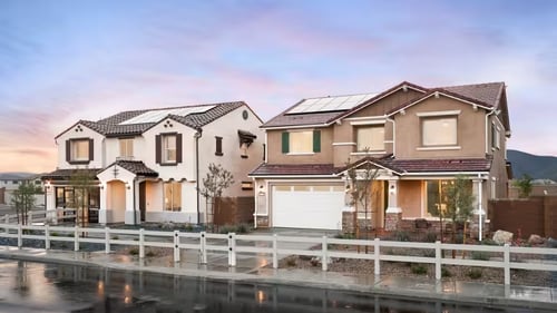 Street view of model homes in Merit at Banner Park by Pulte Homes in Menifee, CA.