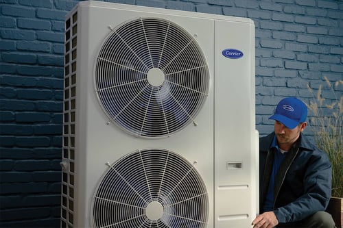 A Carrier dealer performs annual HVAC maintenance on a furnace